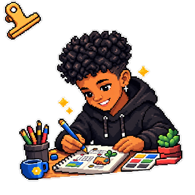 Illustrated Aaron drawing at a desk